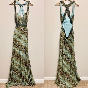 Jovani Turquoise/Brown Snake Print Prom Gown